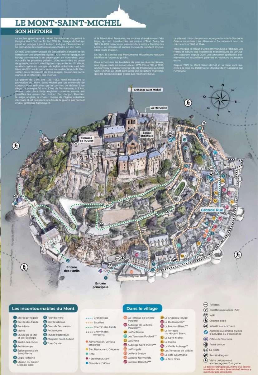 The official visitor map of Mont-Saint-Michel showing the Grande Rue, the ramparts path, the abbey church, La Merveille and the west terrace